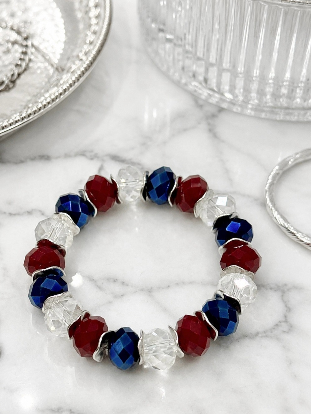 Patriotic Hydro Quartz and Sterling Silver Crystal Beaded Bracelet 7”